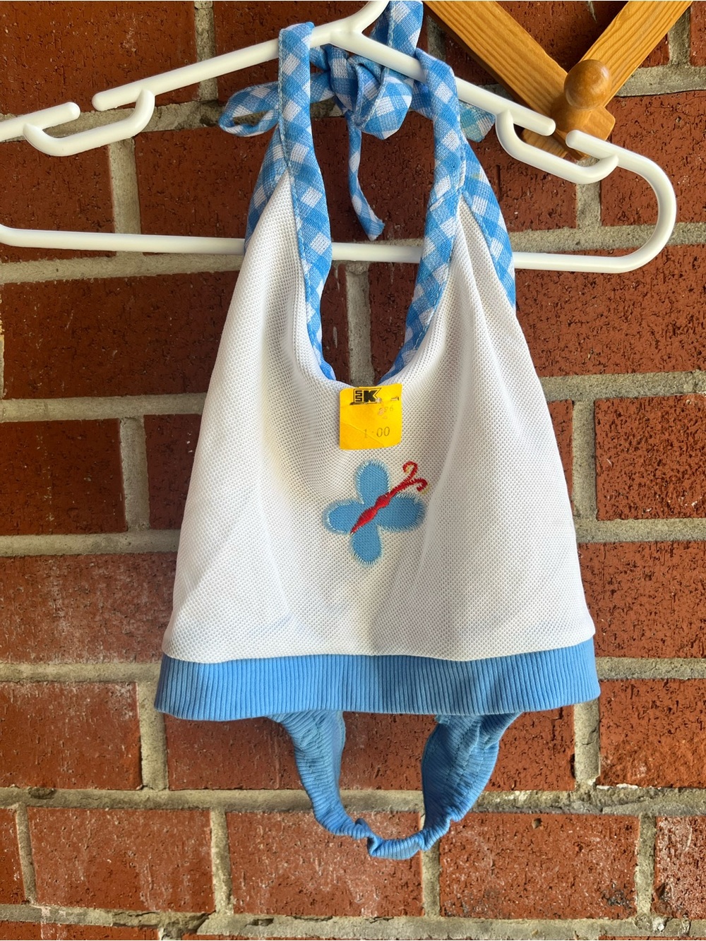 Vintage Kids Halter Tank Top with Gingham Strap and embroidered Butterfly White